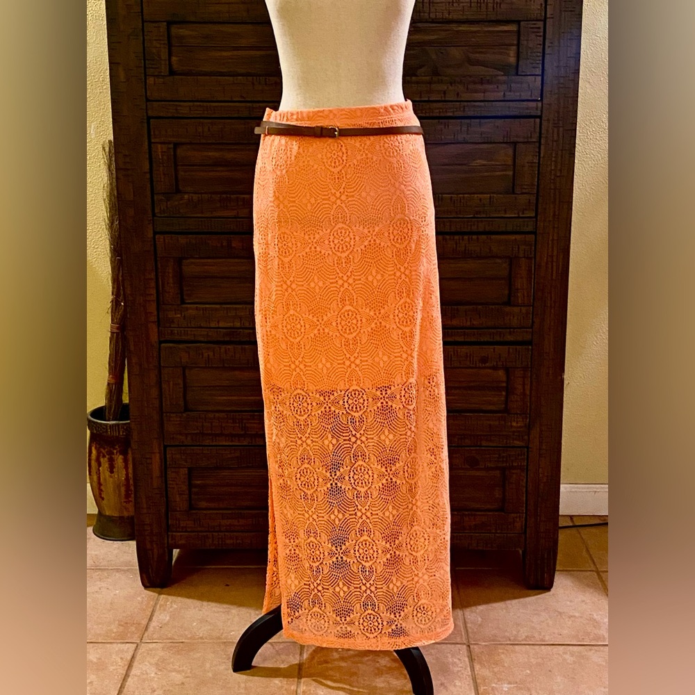 Bobbie Brooks Peach Crochet Belted Maxi Skirt NWT